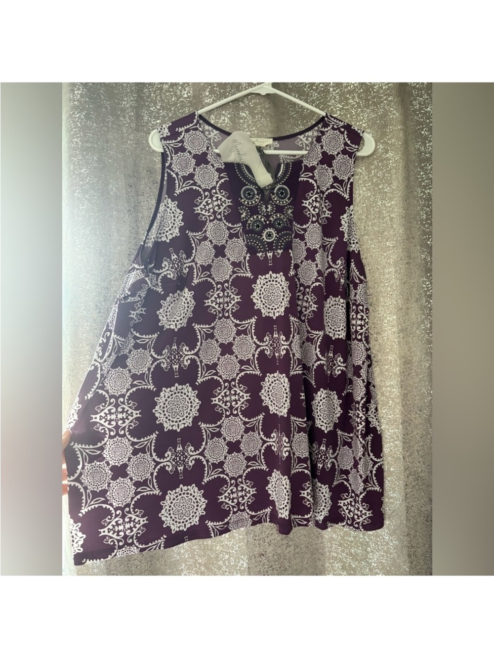 Magnolia Grace Sleeveless Purple Medallion Tunic with Embellished Neckline